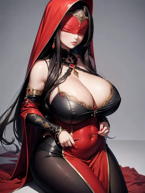 An elegant chubby woman, wearing a red veil covering her eyes, places her fingers on her lips, symbolizing silence. Her nails were long and painted bright red. The background is solid black 