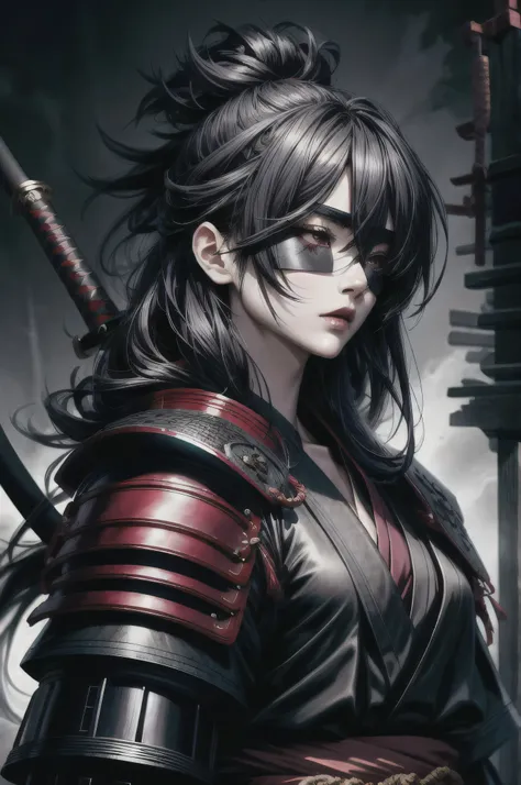 a full body blind samurai girl with blindfold, detailed face and eyes, beautiful detailed lips, long eyelashes, detailed kimono, sword, samurai armor, dynamic pose, cinematic lighting, mist, dark moody atmosphere, dramatic lighting, fantasy, highly detaile...