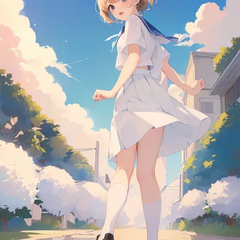 In 8K、highest quality、masterpiece、Super detailed、Ultra-high resolution、Anime Style、1. high school girl、強Wind、、((Holding the flipping skirt with your hand))、(impatient)White cotton panties:1.5), (Wind:1.25), (highest quality:1.0), (masterpiece:1.0), (Ultra-...