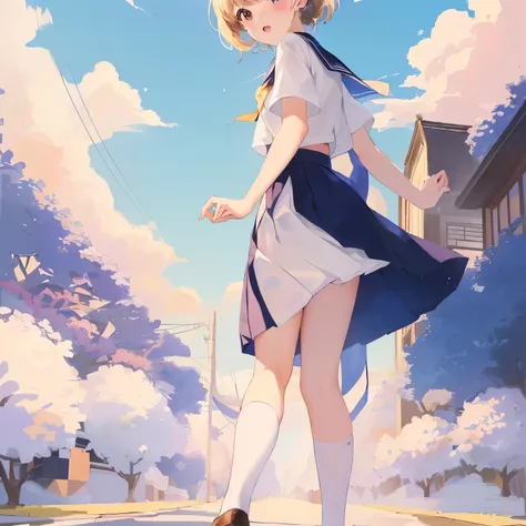 In 8K、highest quality、masterpiece、Super detailed、Ultra-high resolution、Anime Style、1. high school girl、強Wind、、((Holding the flipping skirt with your hand))、(impatient)White cotton panties:1.5), (Wind:1.25), (highest quality:1.0), (masterpiece:1.0), (Ultra-...