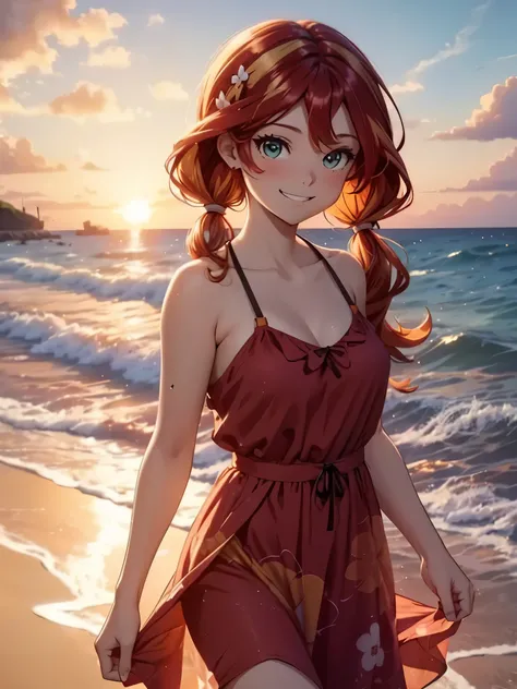 Sunset shimmer, walking on the beach, smiling showing teeth, pigtails, cute sundress