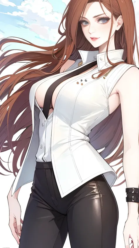 (masterpiece, best quality:1.2), 1girl, solo,mature_lady, delicate face,detail eyes,long hair, floating hair,medium breasts, standing,,white vest, black leather pants，black leather jacket,in a plaza