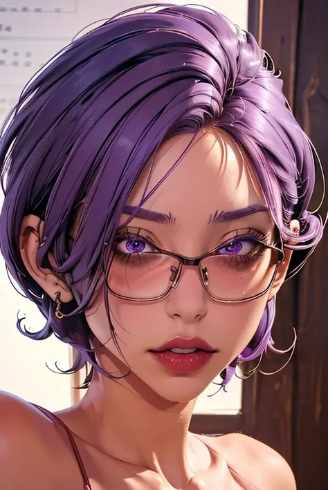 (masterpiece, best quality), 1 girl,   jmt,glasses,purple hair,short hair,purple eyes,