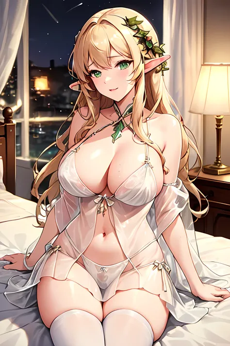 masterpiece, best quality, anime, bishojo,cowboy shot, closed mouth, huge breasts, elf, blonde hair, green eyes, long hair, thighhigh, cleavage, elven, leaf, see through,  ((In a bedroom, a warm and caring woman, adorned in sexy see-through negligee, entic...