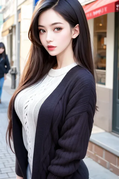 (masterpiece, best quality:1.2), 1girl, solo,mature_lady,black long hair, sweater,in street