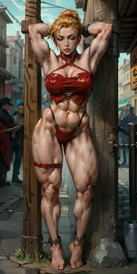 (masterpiece, best quality), intricate details, 1girl, Cammy White from Street Fighter (standing full body toe to head by wooden pole:1.2) iron collar, arms behind back, iron cuffs, shackles, bound, bondage outfit, harness, o-ring, bondage outfit blindfold...