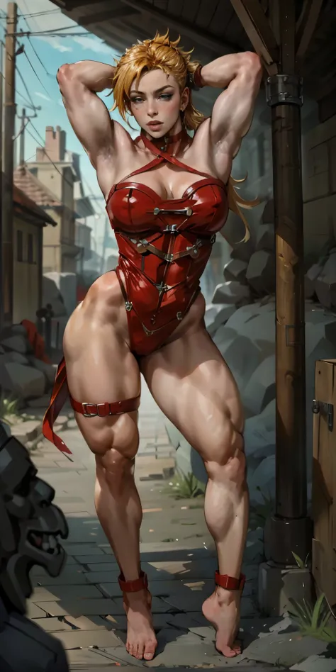 (masterpiece, best quality), intricate details, 1girl, Cammy White from Street Fighter (standing full body toe to head by wooden pole:1.2) iron collar, arms behind back, iron cuffs, shackles, bound, bondage outfit, harness, o-ring, bondage outfit blindfold...