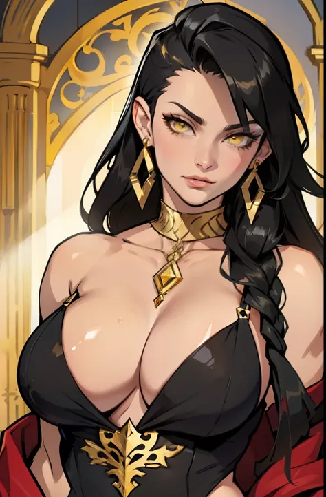 earrings jewelry luxurious fancy gold earrings jewelry luxurious fancy gold black hair yellow eyes pale skin muscular woman large breasts seductive expression