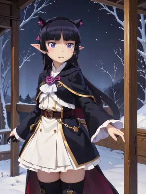 ((ruri gokou)), One girl, blush, Black Hair, Mole, Mole under eye, Hime cut, Elf, ((dark elf)), (Long ears), wood々In harmony with, (Fairy), magic, Black Costume, Robe, Mid-length skirt, Archer, Forest People, longbows, magic, wood々Spirits of, elven robe, h...