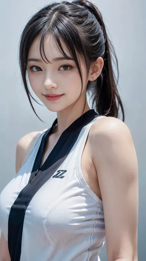 ((highest quality、Masterpiece、High resolution))、(((Zoom photo of upper body)))、(A shy smile:1.2)、One 15-year-old female、Beautiful Skin、Beautiful Eyes、Large Breasts、Sportswear、Black Hair、Trimmed bangs、ponytail