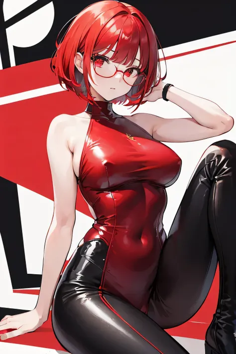 girl,bobcut,red hair,asymmetric bangs,rounded glasses,sharp eye,red eye,leather tight dress,tight leather pants,blind mouth,leather mask,sit,spread leg,