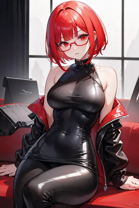 girl,bobcut,red hair,asymmetric bangs,rounded glasses,sharp eye,red eye,leather tight dress,tight leather pants,blind mouth,leather mask,sit,spread leg,