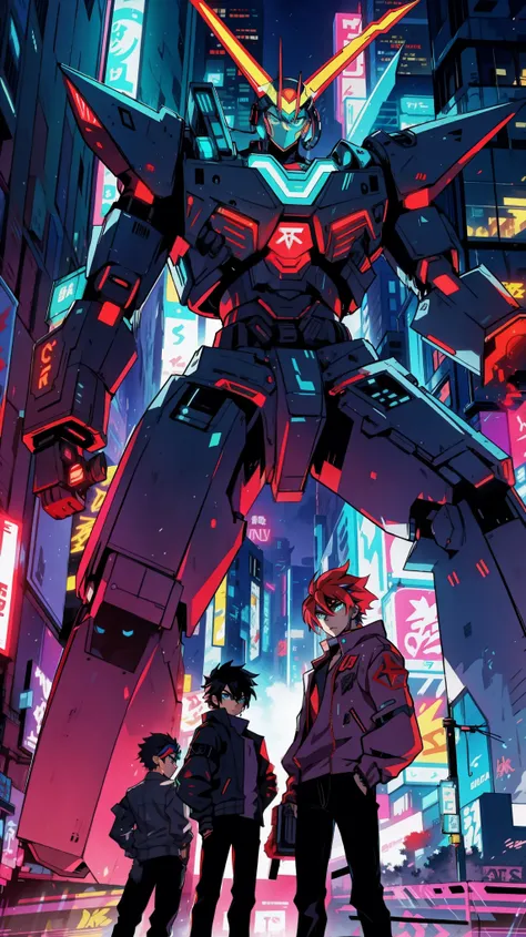 thin outlines, anime style, cool and edgy, An epic showdown between a group of adolescent heroes and a giant robot in a cityscape, buildings adorned with neon lights and graffiti, intense action, dynamic poses, cyberpunk aesthetics, nostalgic internet refe...