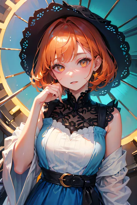 masterpiece, highest quality, so beautiful、up to date、Orange Hair, short hair, (Glowing yellow eyes)、seems kind、Adult woman in a blue dress、Face close-up、bullish expression、(Wet day)