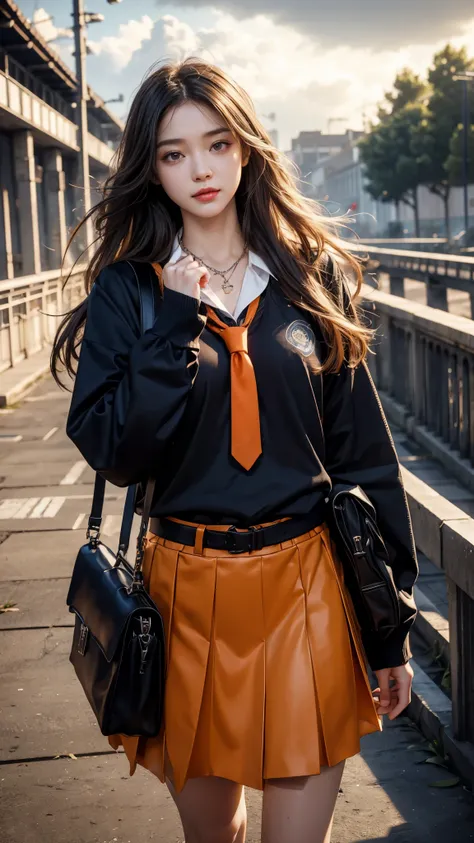 8K, UHD, masterpiece, 1 girl, good face, happy face, detailed eyes, very long hair, necklace, (school uniform), (orange skirt), tie, school bag, in the bridge, cloudy weather, realism, depth of field, 3d, unreal engine 5, ray tracing, flowing wind,