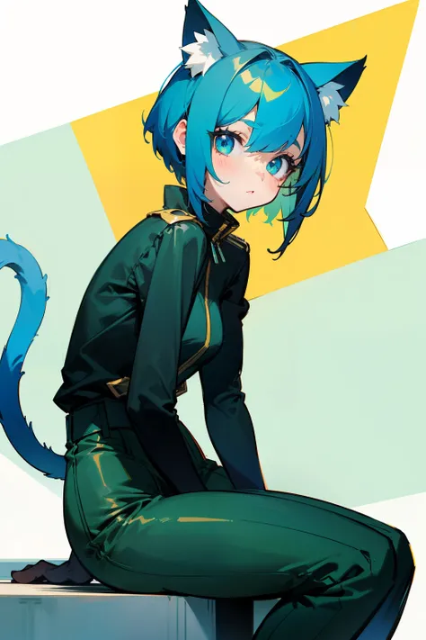 Girl, short blue hair, eyes a mixture of green and yellow, cat ears, blue cat tail,