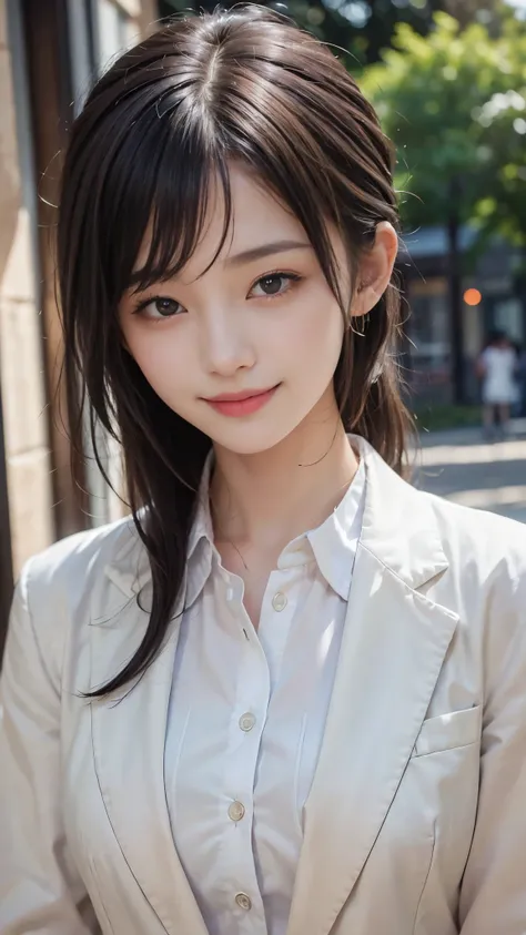 ((highest quality、Masterpiece、High resolution))、(((Zoom photo of upper body)))、(A shy smile:1.2)、One 15-year-old female、Beautiful Skin、Beautiful Eyes、blazer、shirt、Trimmed bangs