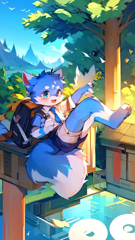 Blue fur, Canine, fox motif, boy, uniform,fly in the sky，Laughter，Expressway，