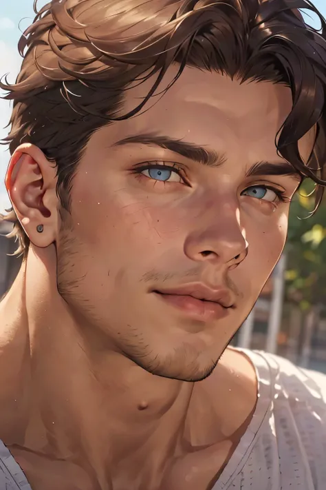 ((the best quality)), ((masterpiece)), (detailed), perfect face, male, Perfect Body, short hair, white skin, Shirtless, Sunlight, ((the best quality)), ((Masterpiece)), (details), perfect face, high definition, Masterpiece,4k,details clearly, Handsome face...