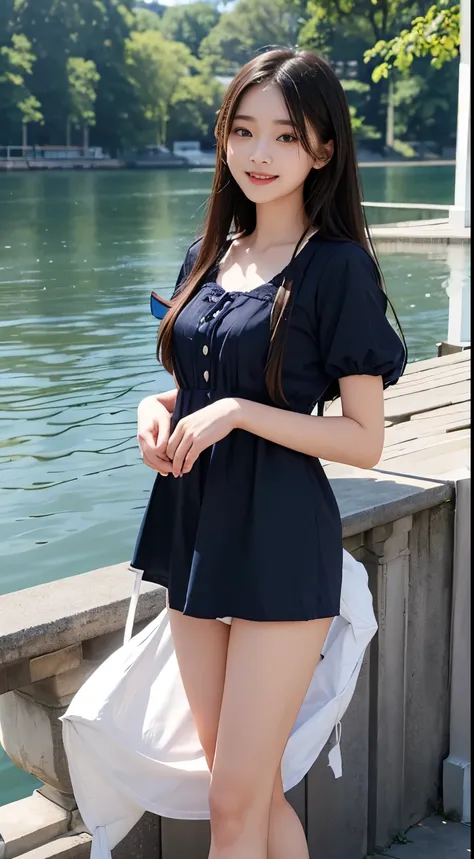 Woman standing by the lake、Beauty、Uniform eyes、20 years old、university student、(((She is wearing a long navy blue dress)))、(((Wearing white panties)))、Wearing pumps、Smiling、Hands in front、Well-balanced proportions、Medium build、Small Bust、Small face、Viewer&...