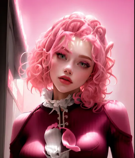 a close up of a woman with cabelo rosa and a rose, curly cabelo rosa, messy curly pastel hair, cabelo rosa, huge curly cabelo rosa, cachos rosa gigantescos e apertados, bubblegum hair, with cabelo rosa, tom de pele rosa pastel, cabelo rosa, cachos rosa gig...