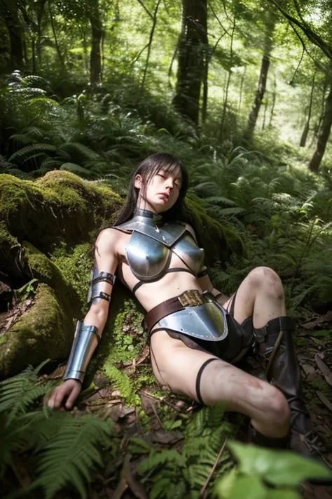 (photo Realistic:1.4), (hyper Realistic:1.4), (Realistic:1.3), best quality,dead,(Wounded),(Attacked with a sword),(Abandoned Corpse),Half naked,(Silver metal breastplate),Fallen,15 years old woman,in the forest,from above,small breasts,(rod is inserted in...