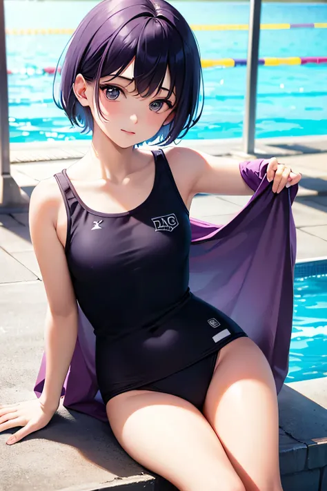 boyish girl,short hair,wolc cut,purple hair,sit,white school swim suit,pool,