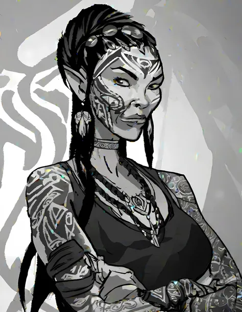 Lor concept art, a mature woman with tribal tattoos looking at the viewer