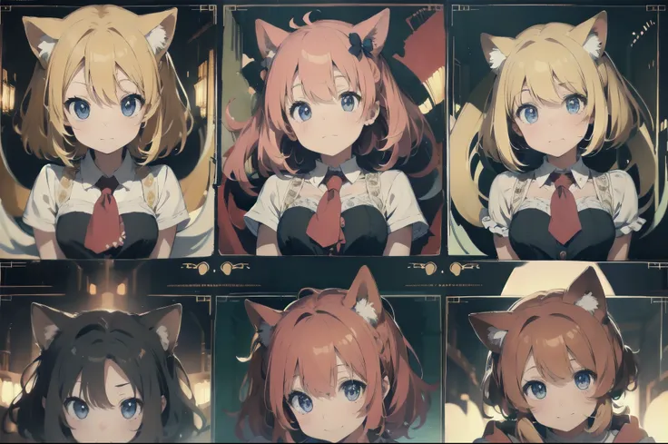 A single magical girl poses cutely in the center(Sketches), (Open Close), (Small body), (Pink Cheeks), (Golden cat ears), (Cute cat ears),Golden Hair, (Short Bob Hair:1.4), (Blue eyes), (Big Hair) , (fringe), (More about the Strand), (White Background),
