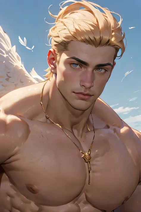 ((the best quality)), ((masterpiece)), (detailed), perfect face, male, perfect body, short hair, white skin, shirtless, sunlight...