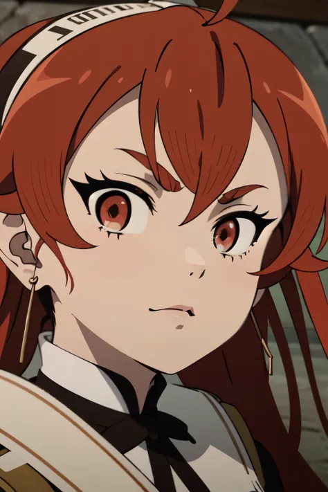 ((best quality)), ((masterpiece)), (detailed), perfect face. Asian girl. Red hair. Red eyes.