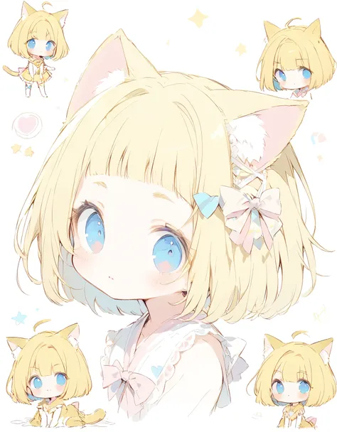 a single magical girl poses cutely in the center(sketches), (open close), (small body), (pink cheeks), (golden cat ears), (cute ...