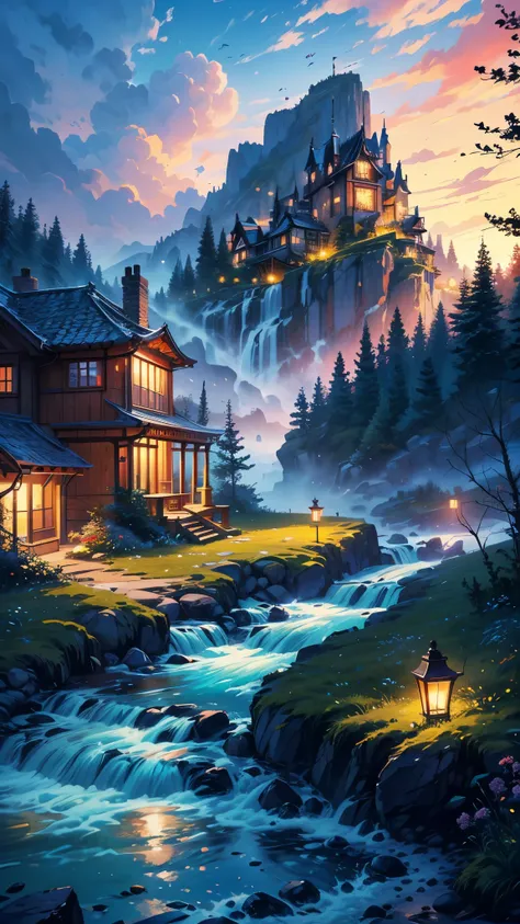 A detailed anime-style digital art of a pleasant village scene in the mountains,  village houses in the mountains, sakura trees, flowing river, detailed clouds in the sky, warm lighting, vibrant colors, digital painting, intricate details, masterpiece, (be...