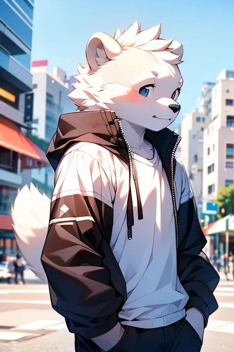 polar bear，male，There are two scars on the shoulders，Cute，Modern city background，strong，Naturally cute，Wearing a white T-shirt and black jacket，gentle，Facing the camera，hand behind back，full-body shot