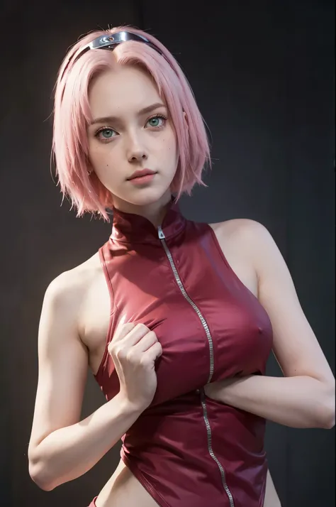 young woman, short shoulder-length pink hair, wide forehead, porcelain skin, pink eyebrows, big emerald green eyes, buttoned nose, full lips, heart-shaped face, slender body, small breasts, red tank top, Sakura Haruno , realistic, realism, details, 3d, wel...