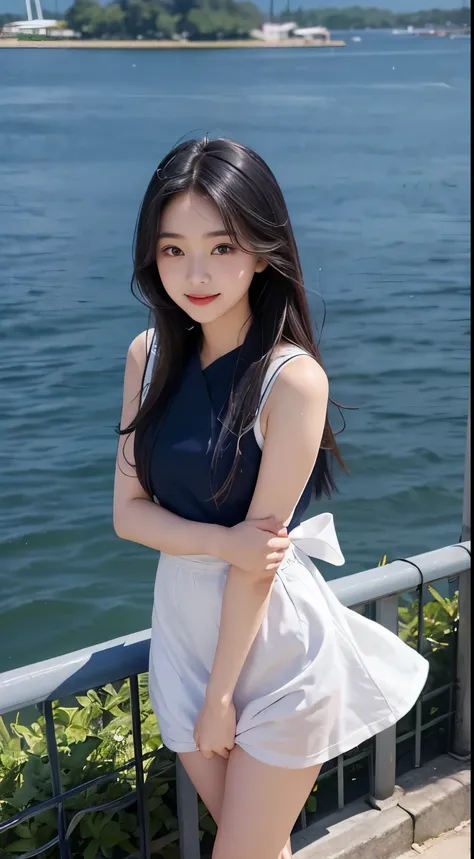 woman standing by the lake、beauty、uniform eyes、20 years old、university student、(((she is wearing a long navy blue dress)))、(((we...