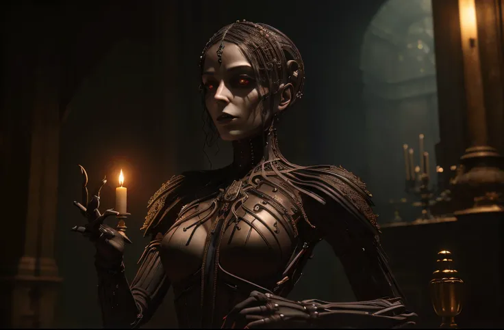 A gothic horror android with AI, criado com tecnologia HDR, exuding a photorealistic, masterpiece-quality appearance. The android is characterized by its dark and mysterious characteristics, with sharp focus on its complex and detailed design. The android&...