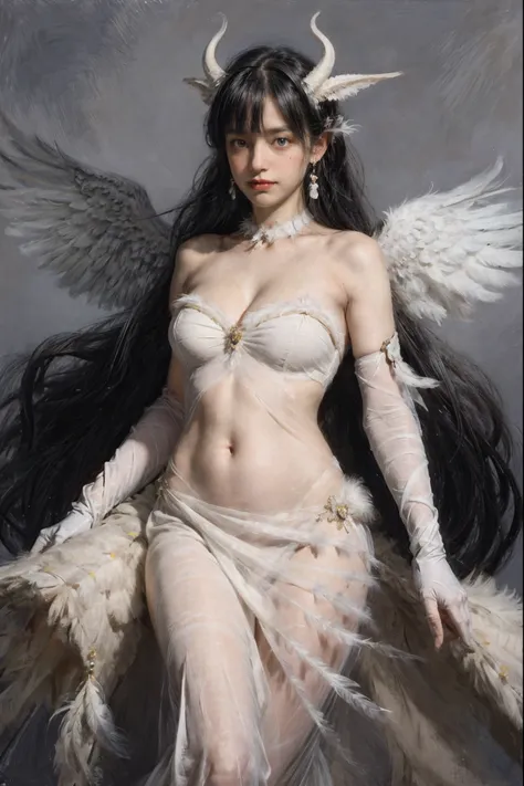 1girl, breasts, solo, horns, long hair, albedo (overlord), wings, large breasts, dress, hip vent, black wings, white gloves, gloves, looking at viewer, black hair, white dress, bare shoulders, hair between eyes, yellow eyes, feathered wings, demon horns, s...