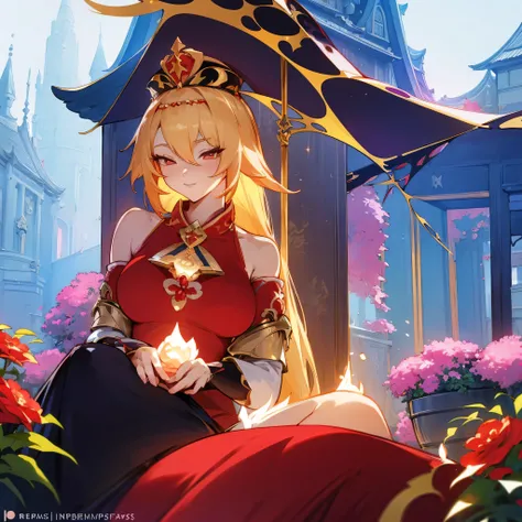 anime girl in red dress with gold crown sitting in a garden, keqing from genshin impact, ((a beautiful fantasy empress)), anime in fantasy style, trending on artstation pixiv, detailed digital anime art, rossdraws sakimimichan, anime goddess, clean detaile...