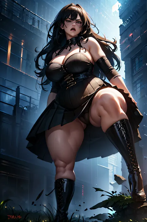 (angry,thicc:1.2),curvy body woman,long hair,pleated skirt,black boots,viewed from below,underwear,trample in the muddy,(best quality,4k,8k,highres,masterpiece:1.2),ultra-detailed,(realistic,photorealistic,photo-realistic:1.37),portraits,vivid colors,studi...