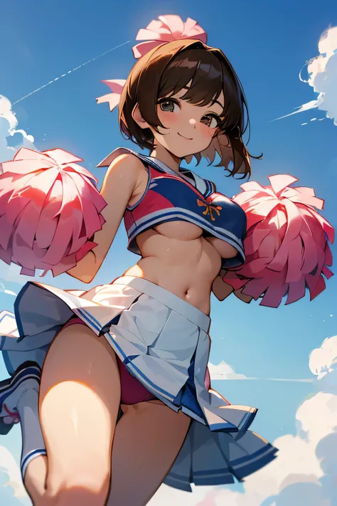 highest quality、High resolution、Detailed Background、(Beautiful face in every detail:1.4)、Anatomically correct、cute teenage girl、Brown Hair、Bobcut、ponytail、(Huge breasts:1.2)、Perfect body line、Big Ass、Vast Sky、
(A Cheerleader jumping into the sky with a smi...