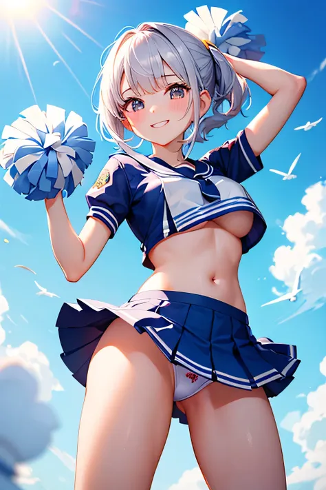 highest quality、High resolution、Detailed Background、(Beautiful face in every detail:1.4)、Anatomically correct、cute teenage girl、Twin tails、Bobcut、ponytail、(Huge breasts:1.2)、Perfect body line、Big Ass、Vast Sky、
(A Cheerleader jumping into the sky with a smi...