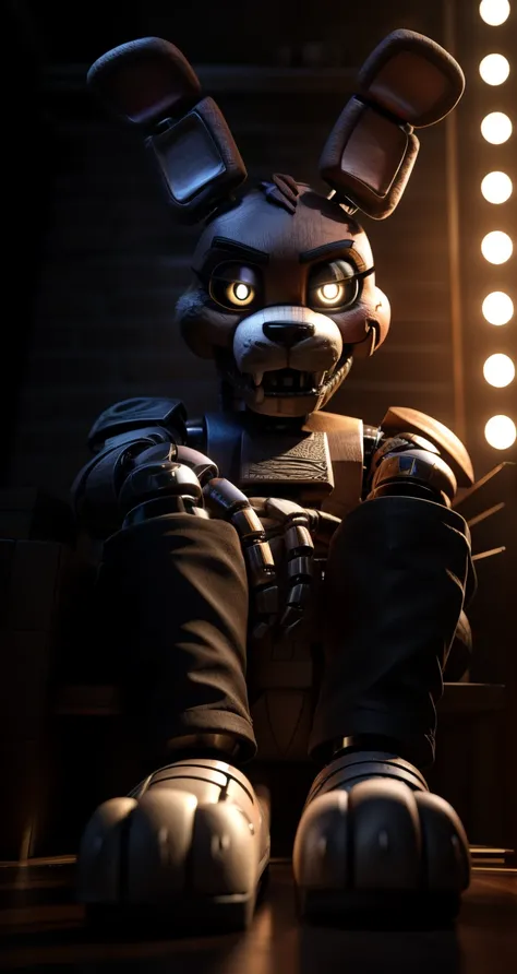 a bonnie the rabbit animatronic from five nights at freddys, feet facing the viewer, extremely detailed, photorealistic, professional lighting, studio quality, 8k, masterpiece, intricate details, hyper realistic, sharp focus, physically-based rendering, ci...