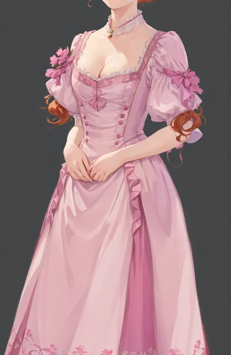 pink victorian dress, ginger hair, anime style, masterpiece, european, victorian era, classical, slim, beautiful illustration, visual novel, highly detailed, masterpiece, print red and violet and twirls flowers on the waistcoat