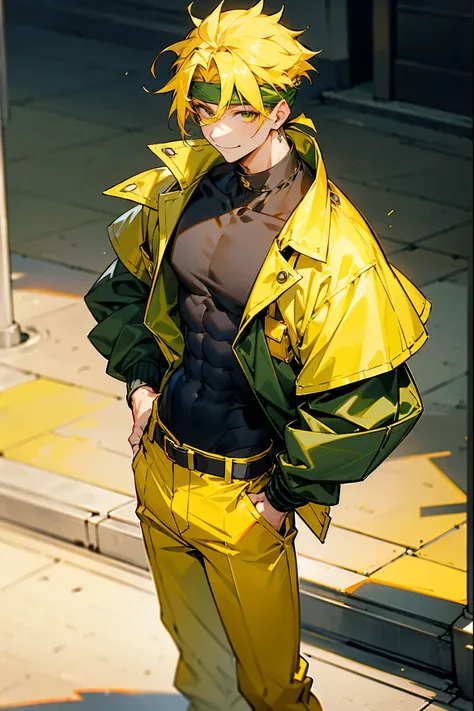 1male , Modern City Background , Yellow Hair , Low cut hair , Curly Hair , Undercut Hair , Smiling Expression , Baggy Yellow Jacket , Black Fitted Undershirt, Green Belt, Baggy Yellow Pants,standing on the sidewalk of a modern city , Perfect Generation , M...