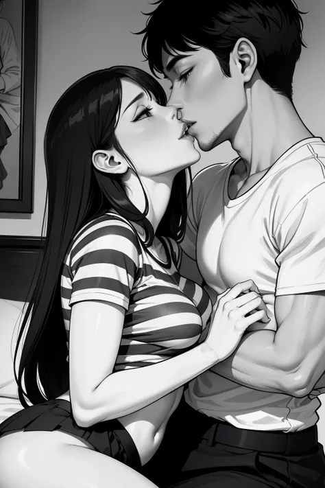 Amazing portrait of a sexy and  woman  wearing a black and white striped t shirt and a dark green skirt kissing and making out passionately with a shirtless boy on the bed in an intimate setting