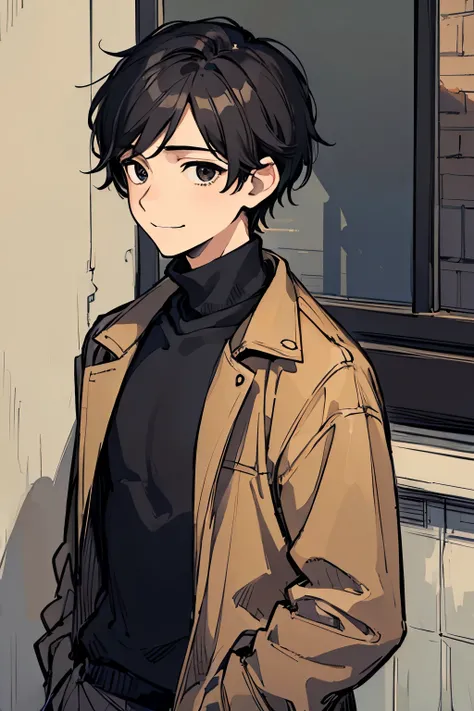 (((masterpiece))), ((best quality)), 1boy, male, young boy, ((looking away from camera)), (looking up to the bottow), brown utility jacket, black turtleneck, black hair, black eyes, hopeful eyes, shy smile, in the streets