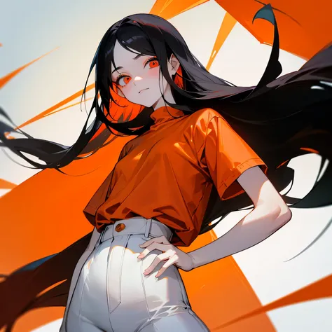 A  with long black hair,dead red cold eyes,pale skin,and wears a orange shirt with white pants. 15 years old,and 55. A joyful and cute face.