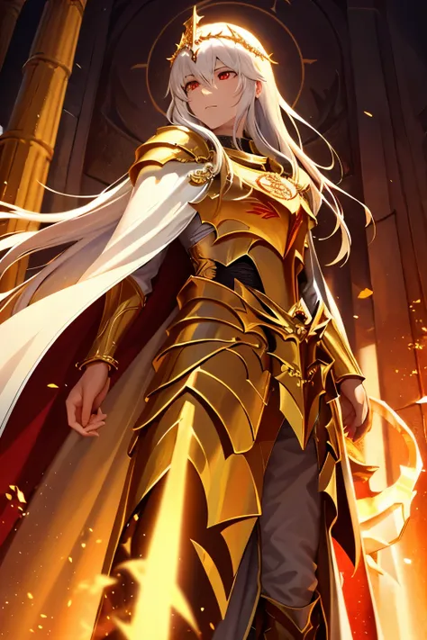 pale skin, long white hair, Golden knights helmet closed, Babylon, golden fully closed knights armor with a red cloak, red eyes, Right hand covered with a magical seal, red in color, glows when acitated, and releases many divine golden chains with ancient ...