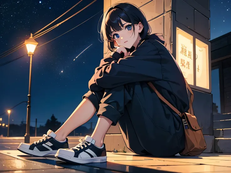 a young sad girl，dressed in casual clothes，wear sneakers，with necklace，sit under a street lamp，night，Look up and count the stars in the sky，people々close-up of，ultra high resolution